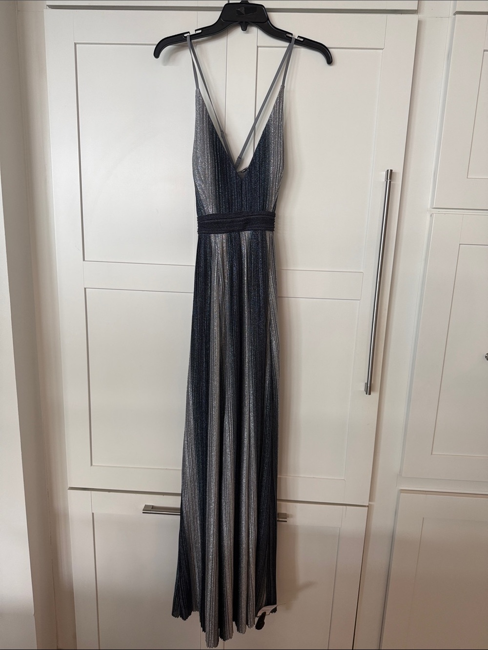 Aqua Evening Gown Silver and Black and Blue Metallic V-Neck Maxi Dress